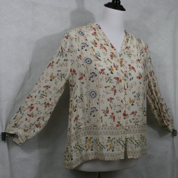 Lucky Brand Tops - Lucky Brand Beige w/ Multi-Color Floral Viscose Blouse Front Button SZ SP EUC